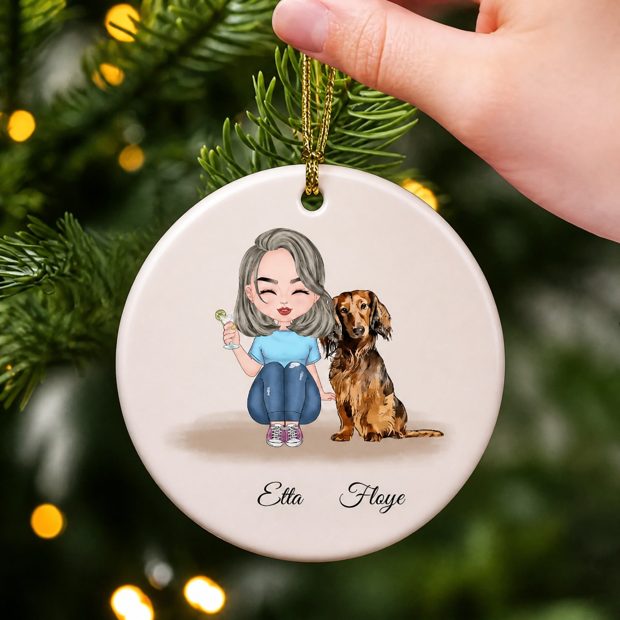 Personalized Ceramic Ornament For Girl And Dachshund Dog  - Custom Christmas Gift For Dog Lover