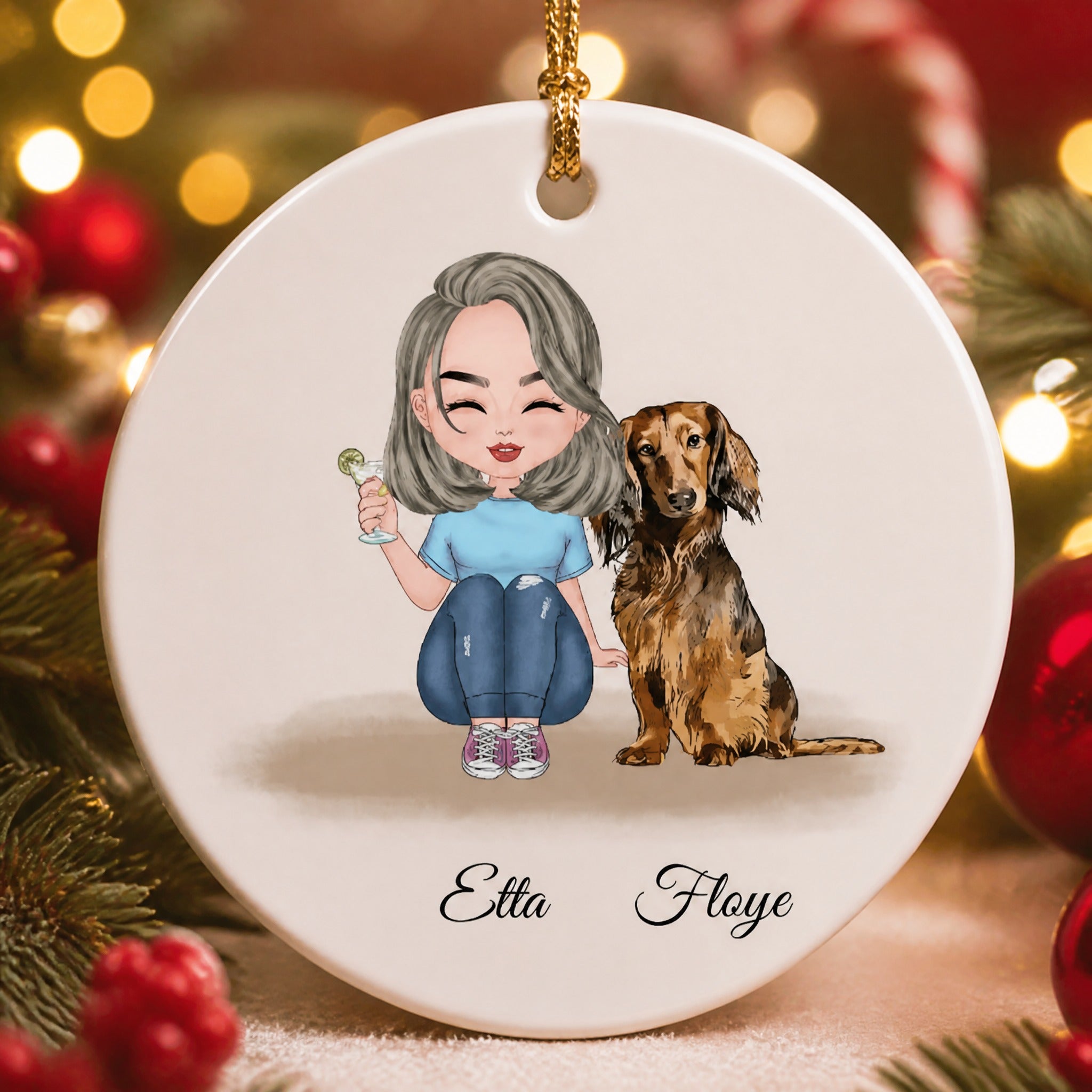 Personalized Ceramic Ornament For Girl And Dachshund Dog  - Custom Christmas Gift For Dog Lover