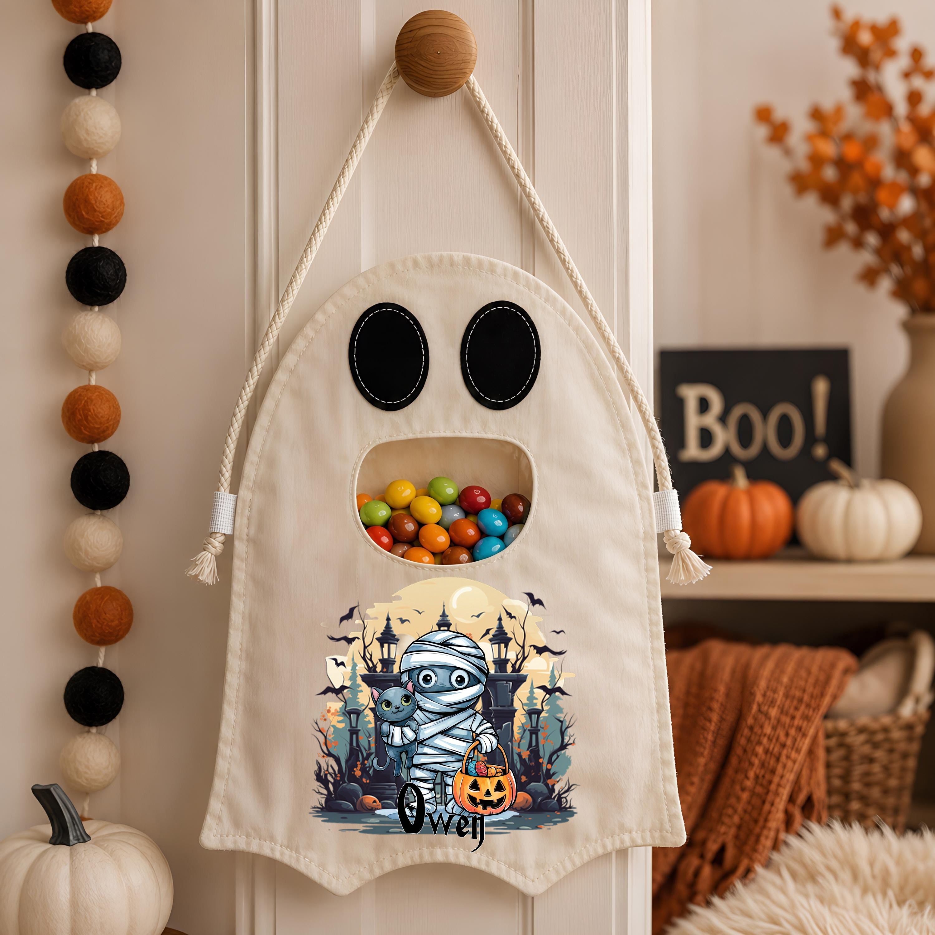 Custom Name Spooky Halloween Candy Bag,Ghost Halloween Trick or Treat Bag for Kids