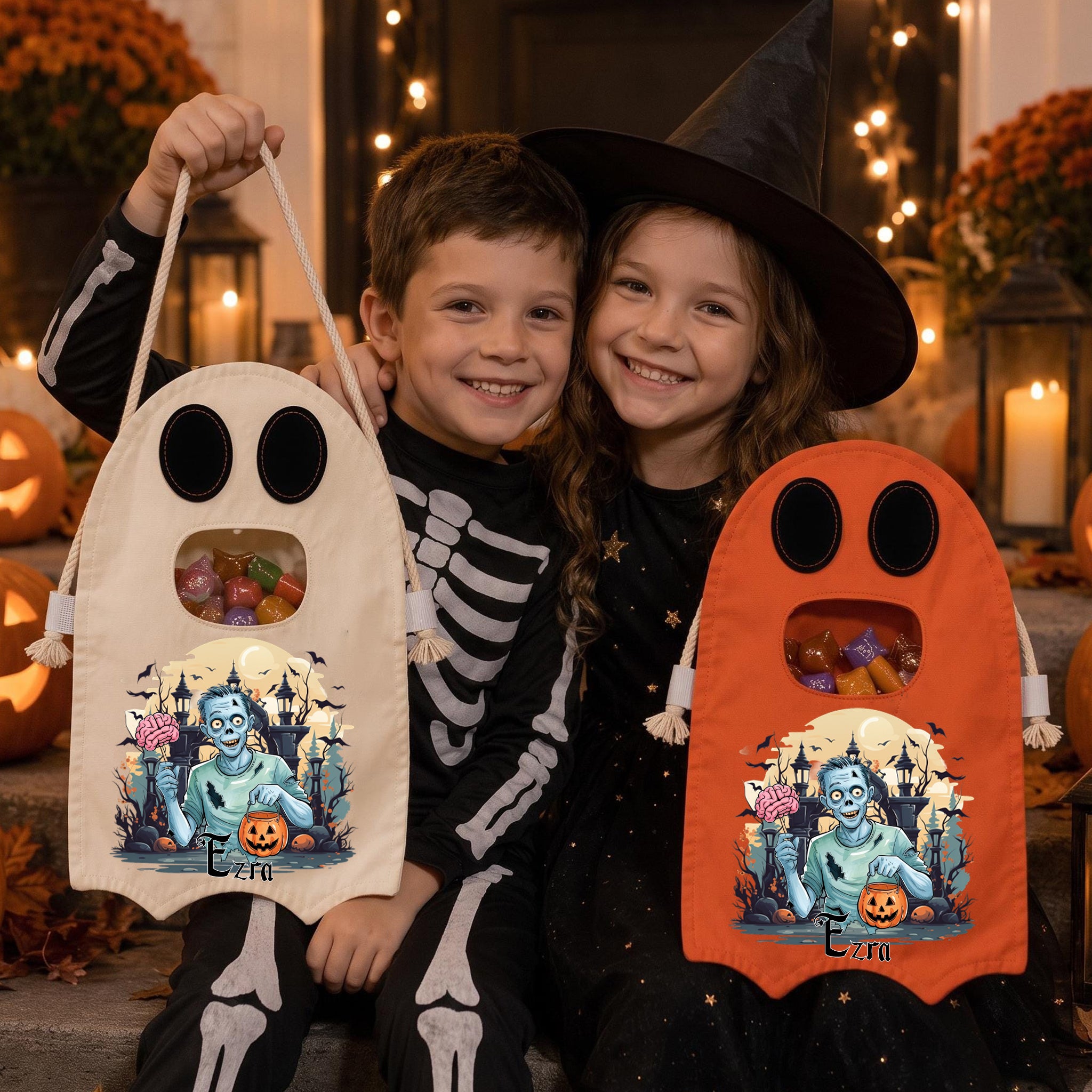 Custom Name Spooky Halloween Candy Bag,Ghost Halloween Trick or Treat Bag for Kids