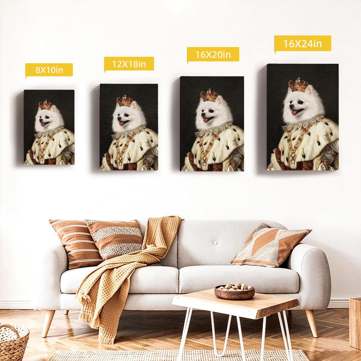 Custom Royal Queen Pet Portrait Canvas, Personalized Dog Noble Crown Fur Robe Unframed Canvas Wall Decor