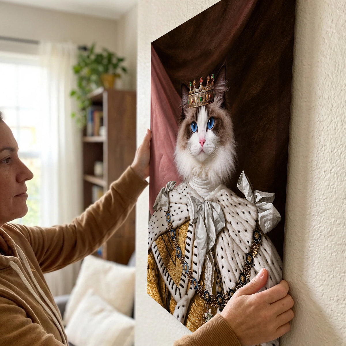 Custom Royal King Cat Portrait Canvas, Personalized Pet Renaissance Ermine Robe Unframed Canvas Wall Art
