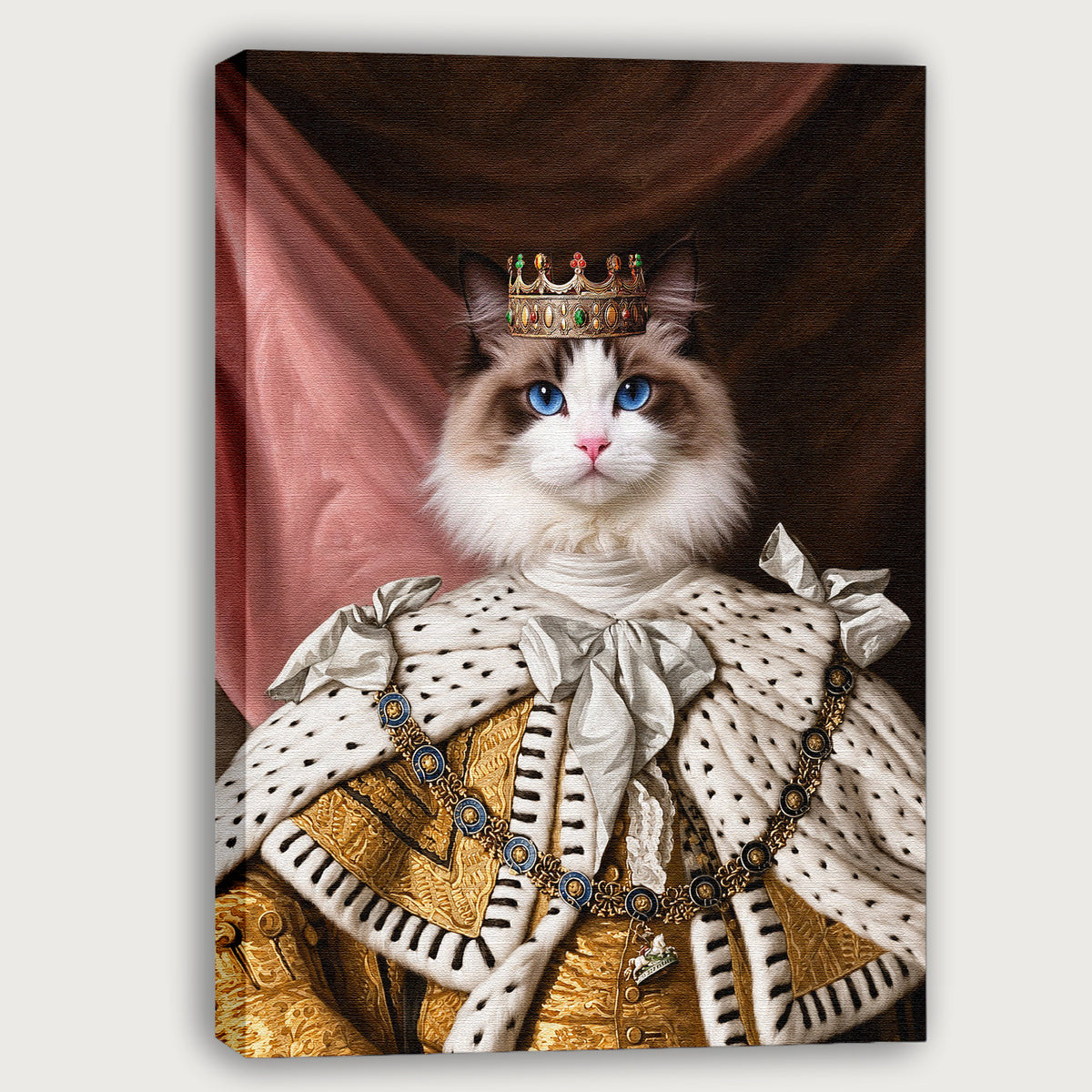 Custom Royal King Cat Portrait Canvas, Personalized Pet Renaissance Ermine Robe Unframed Canvas Wall Art