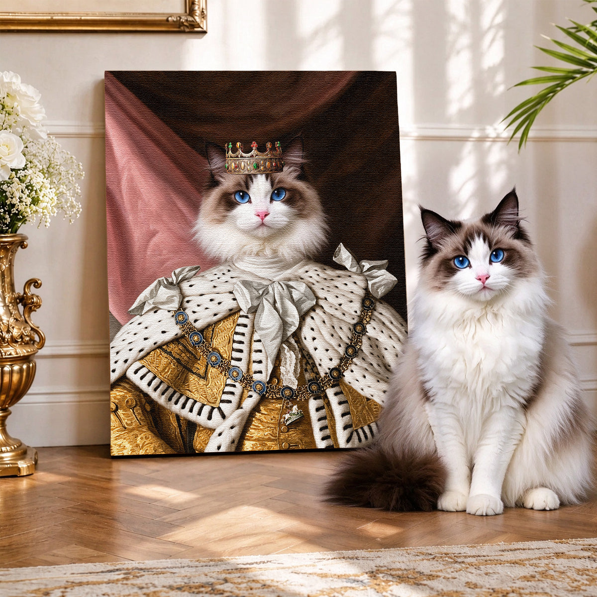 Custom Royal King Cat Portrait Canvas, Personalized Pet Renaissance Ermine Robe Unframed Canvas Wall Art