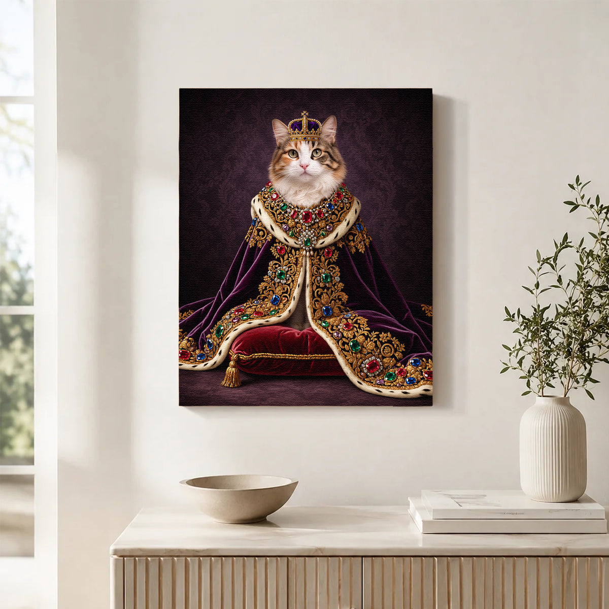 Custom Royal Queen Cat Portrait Canvas, Personalized Pet Purple Velvet Jeweled Cloak Unframed Canvas Wall Decor, Gift For Pet Lovers