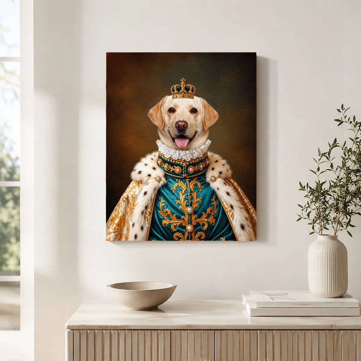 Custom Royal Noble Dog Portrait Canvas, Personalized Pet Teal Gold Ermine Robe Unframed Canvas Wall Art For Pet Lovers