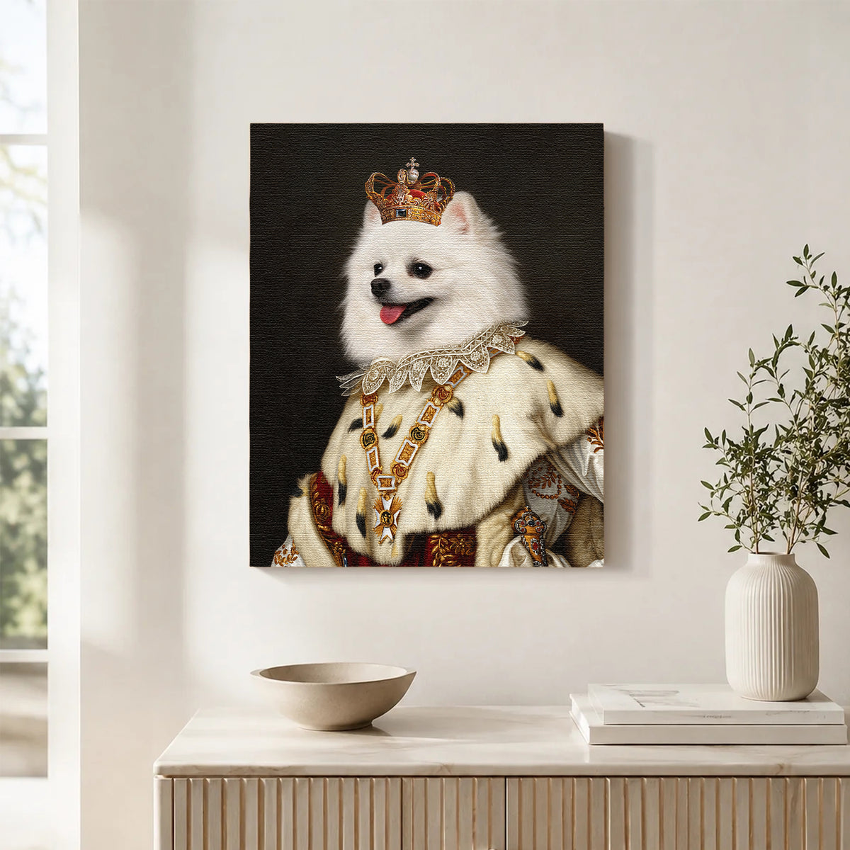 Custom Royal Queen Pet Portrait Canvas, Personalized Dog Noble Crown Fur Robe Unframed Canvas Wall Decor