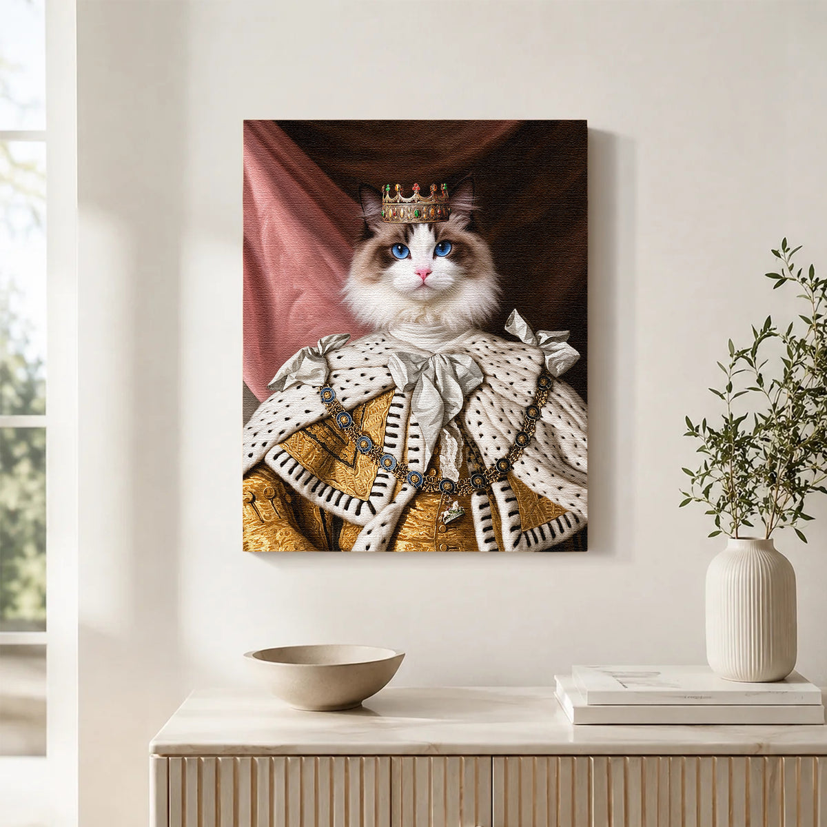 Custom Royal King Cat Portrait Canvas, Personalized Pet Renaissance Ermine Robe Unframed Canvas Wall Art