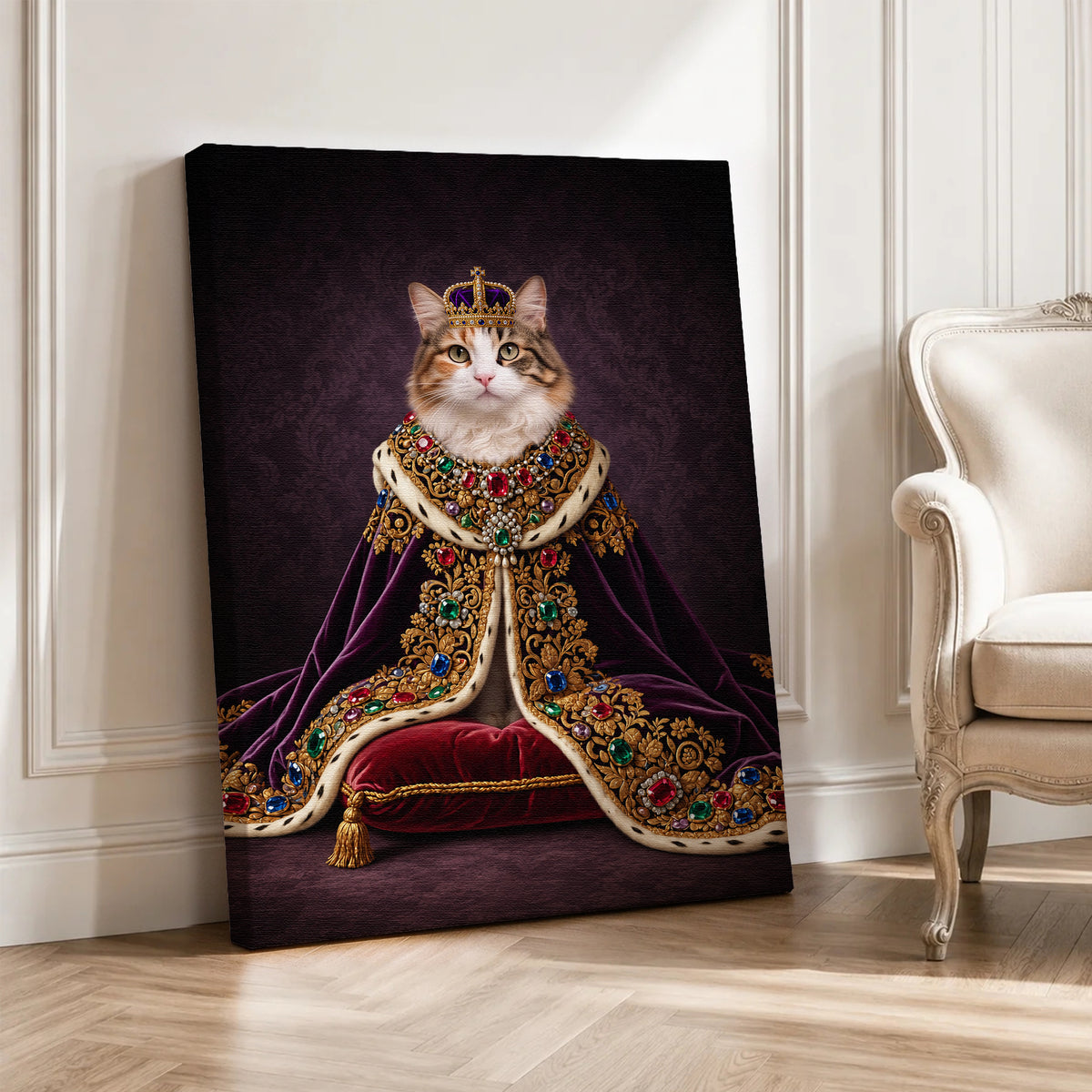 Custom Royal Queen Cat Portrait Canvas, Personalized Pet Purple Velvet Jeweled Cloak Unframed Canvas Wall Decor, Gift For Pet Lovers
