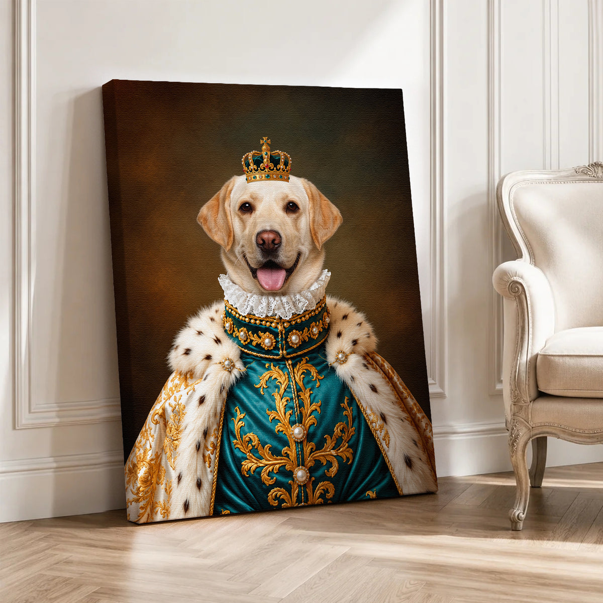 Custom Royal Noble Dog Portrait Canvas, Personalized Pet Teal Gold Ermine Robe Unframed Canvas Wall Art For Pet Lovers
