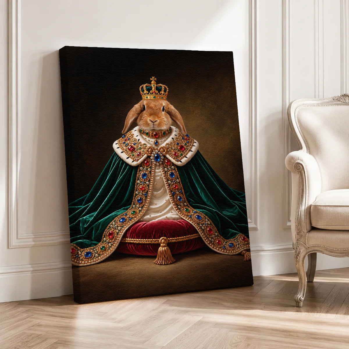 Custom Royal King Rabbit Portrait Canvas, Personalized Pet Green Velvet Jeweled Cape Unframed Canvas Wall Art