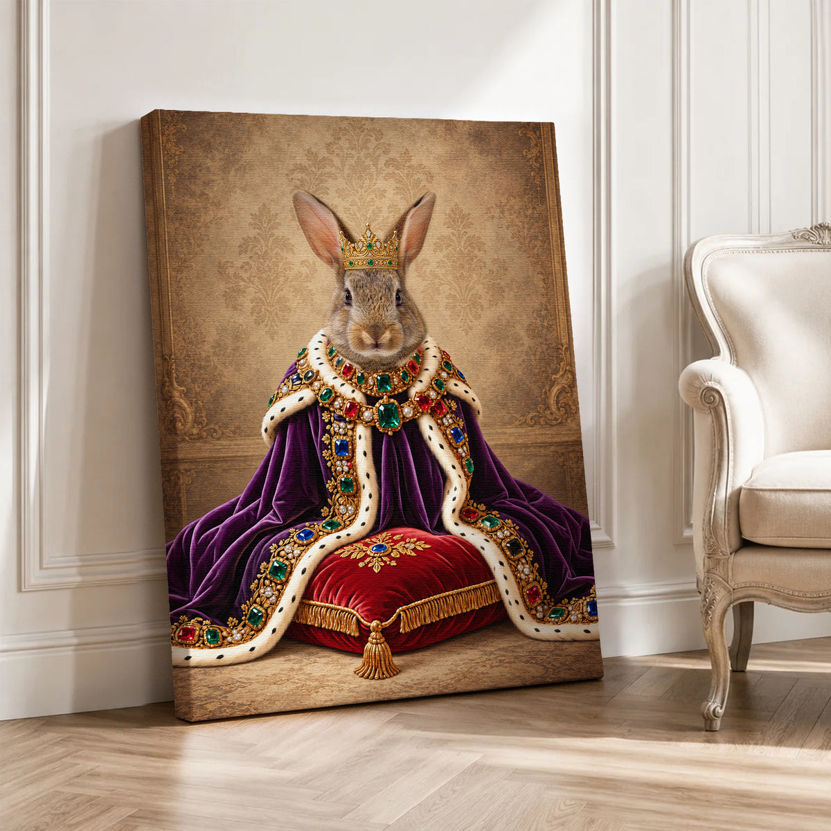 Custom Royal Queen Rabbit Portrait Canvas, Personalized Pet Purple Velvet Jeweled Coronation Cloak Unframed Canvas Wall Art