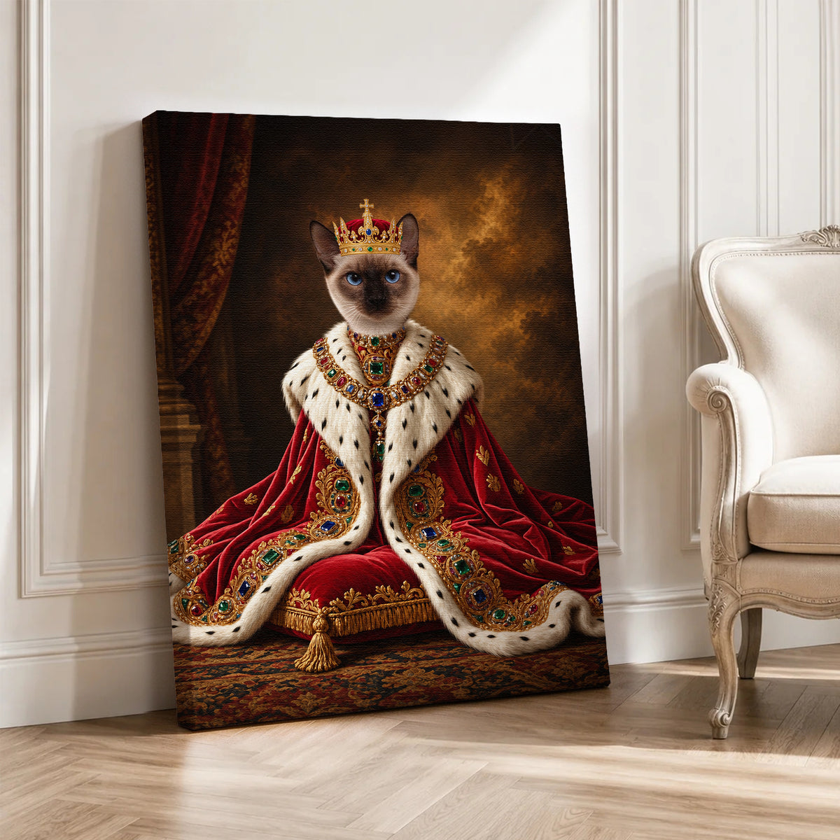 Custom Royal Monarch Cat Portrait Canvas, Personalized Pet Red Velvet Jeweled Coronation Robe Unframed Canvas Wall Art, Pet Owner Gift