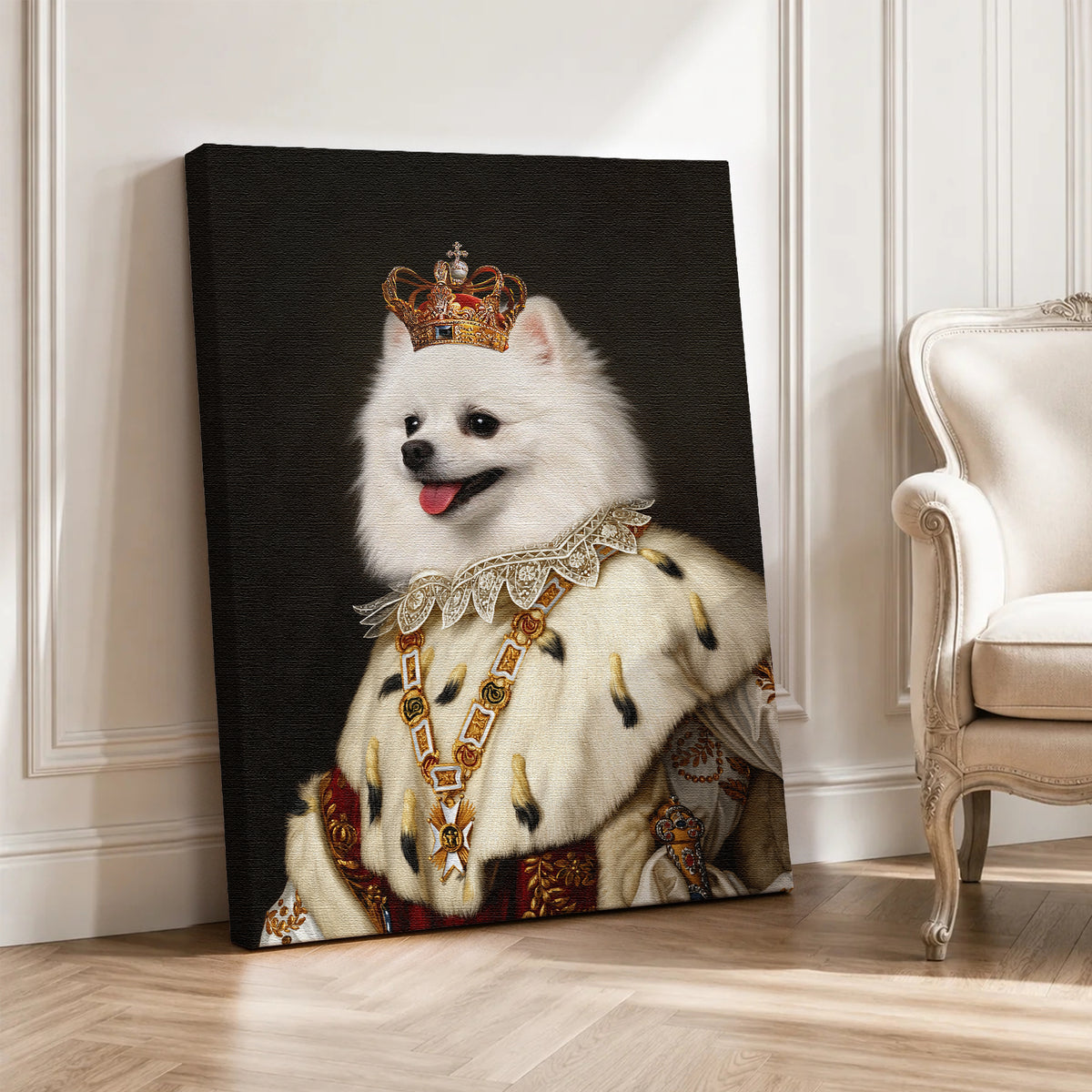 Custom Royal Queen Pet Portrait Canvas, Personalized Dog Noble Crown Fur Robe Unframed Canvas Wall Decor