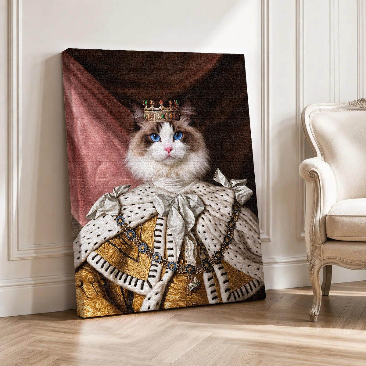 Custom Royal King Cat Portrait Canvas, Personalized Pet Renaissance Ermine Robe Unframed Canvas Wall Art