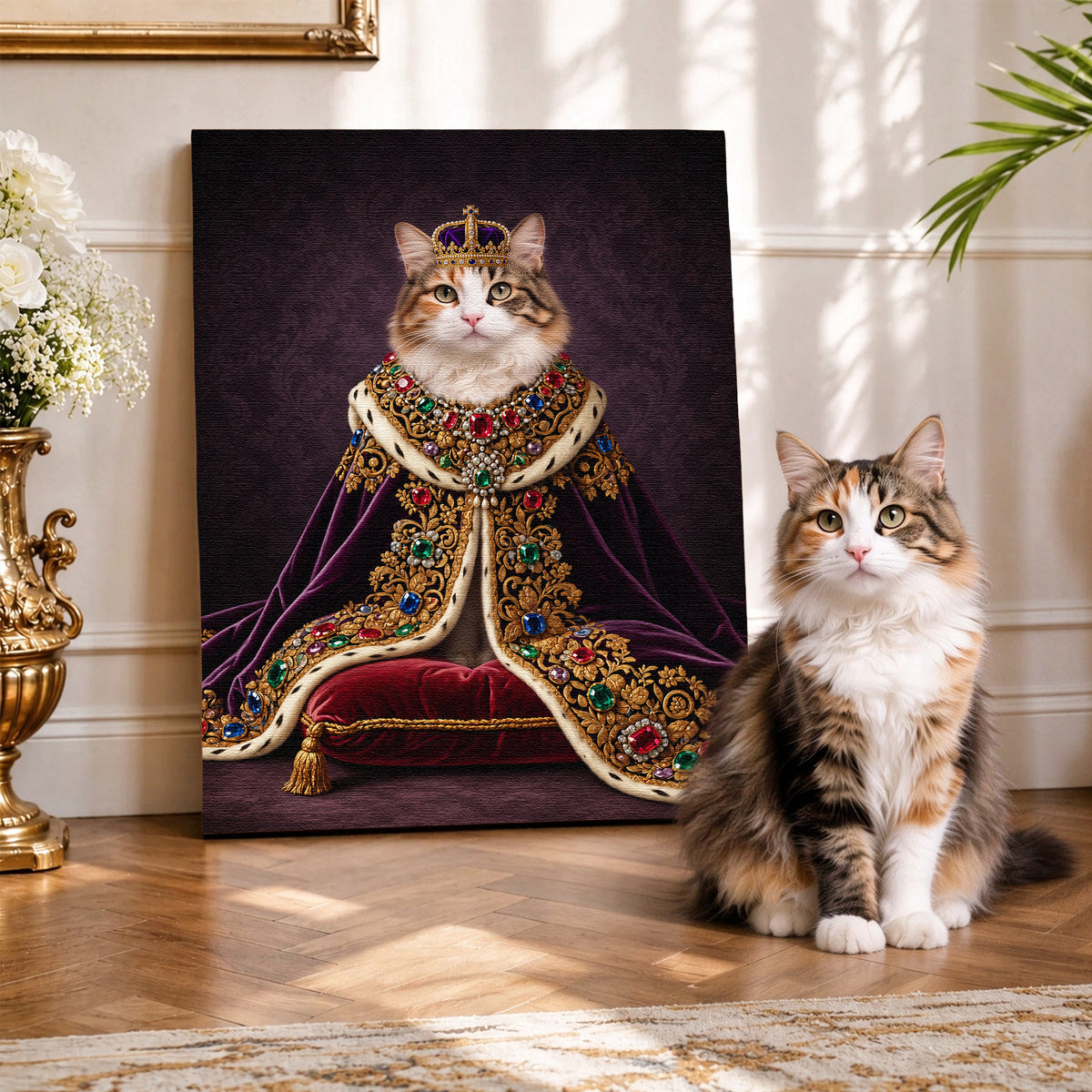 Custom Royal Queen Cat Portrait Canvas, Personalized Pet Purple Velvet Jeweled Cloak Unframed Canvas Wall Decor, Gift For Pet Lovers
