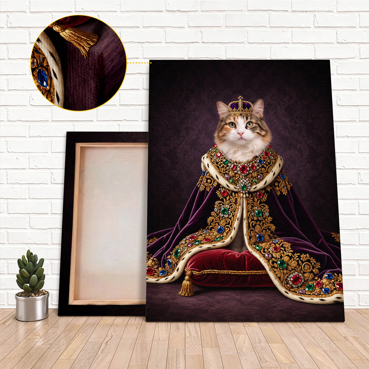 Custom Royal Queen Cat Portrait Canvas, Personalized Pet Purple Velvet Jeweled Cloak Unframed Canvas Wall Decor, Gift For Pet Lovers