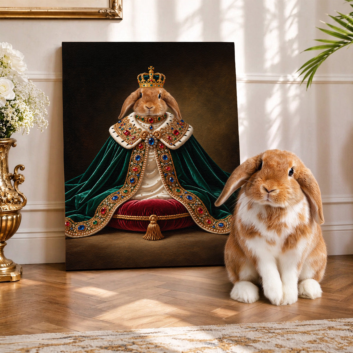 Custom Royal King Rabbit Portrait Canvas, Personalized Pet Green Velvet Jeweled Cape Unframed Canvas Wall Art