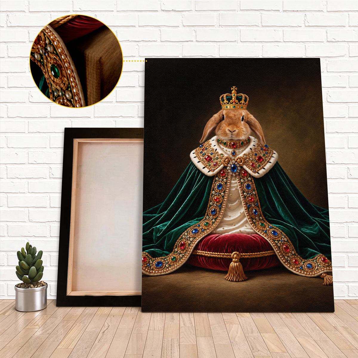 Custom Royal King Rabbit Portrait Canvas, Personalized Pet Green Velvet Jeweled Cape Unframed Canvas Wall Art