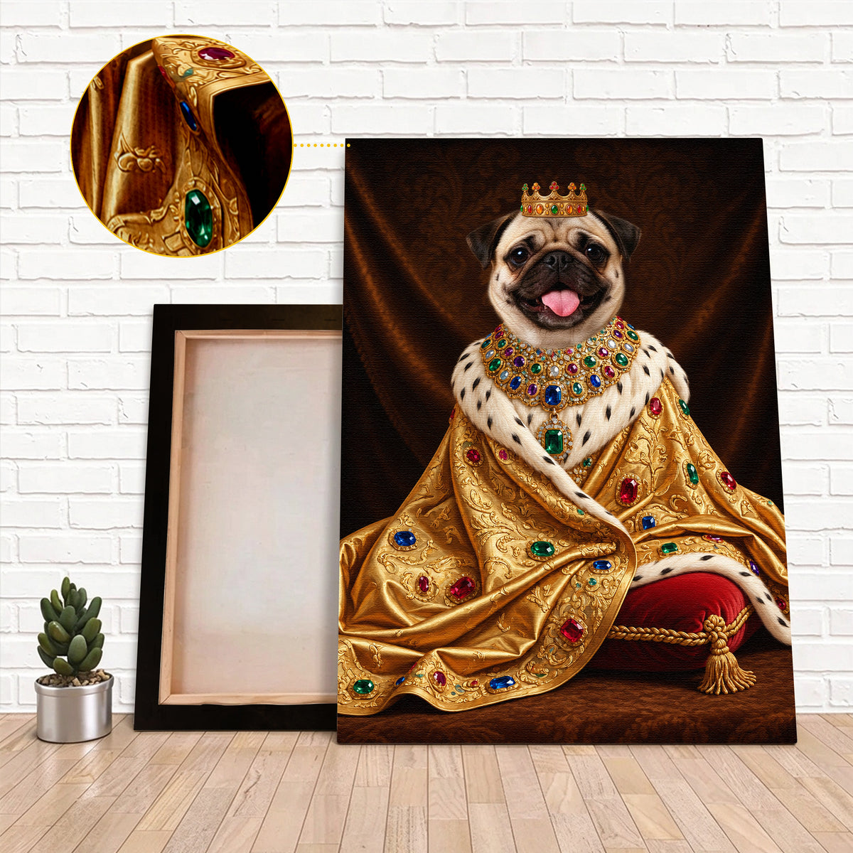 Custom Royal King Dog Portrait Canvas, Personalized Pet Golden Jeweled Coronation Robe Unframed Canvas Wall Decor