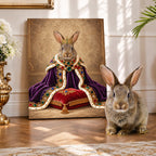 Custom Royal Queen Rabbit Portrait Canvas, Personalized Pet Purple Velvet Jeweled Coronation Cloak Unframed Canvas Wall Art