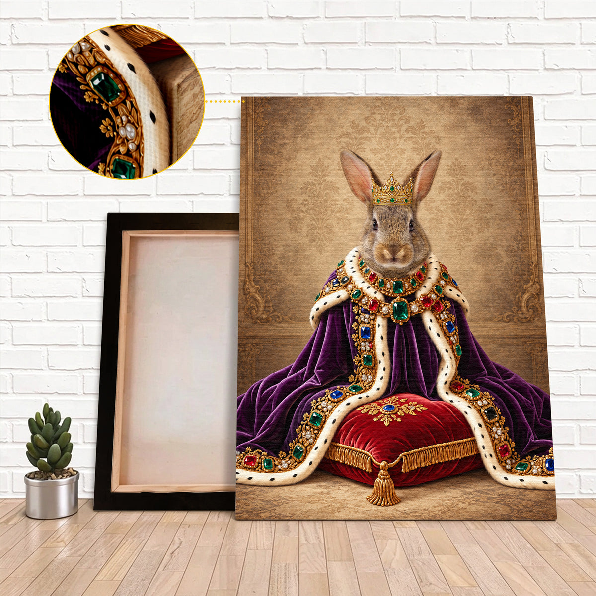 Custom Royal Queen Rabbit Portrait Canvas, Personalized Pet Purple Velvet Jeweled Coronation Cloak Unframed Canvas Wall Art