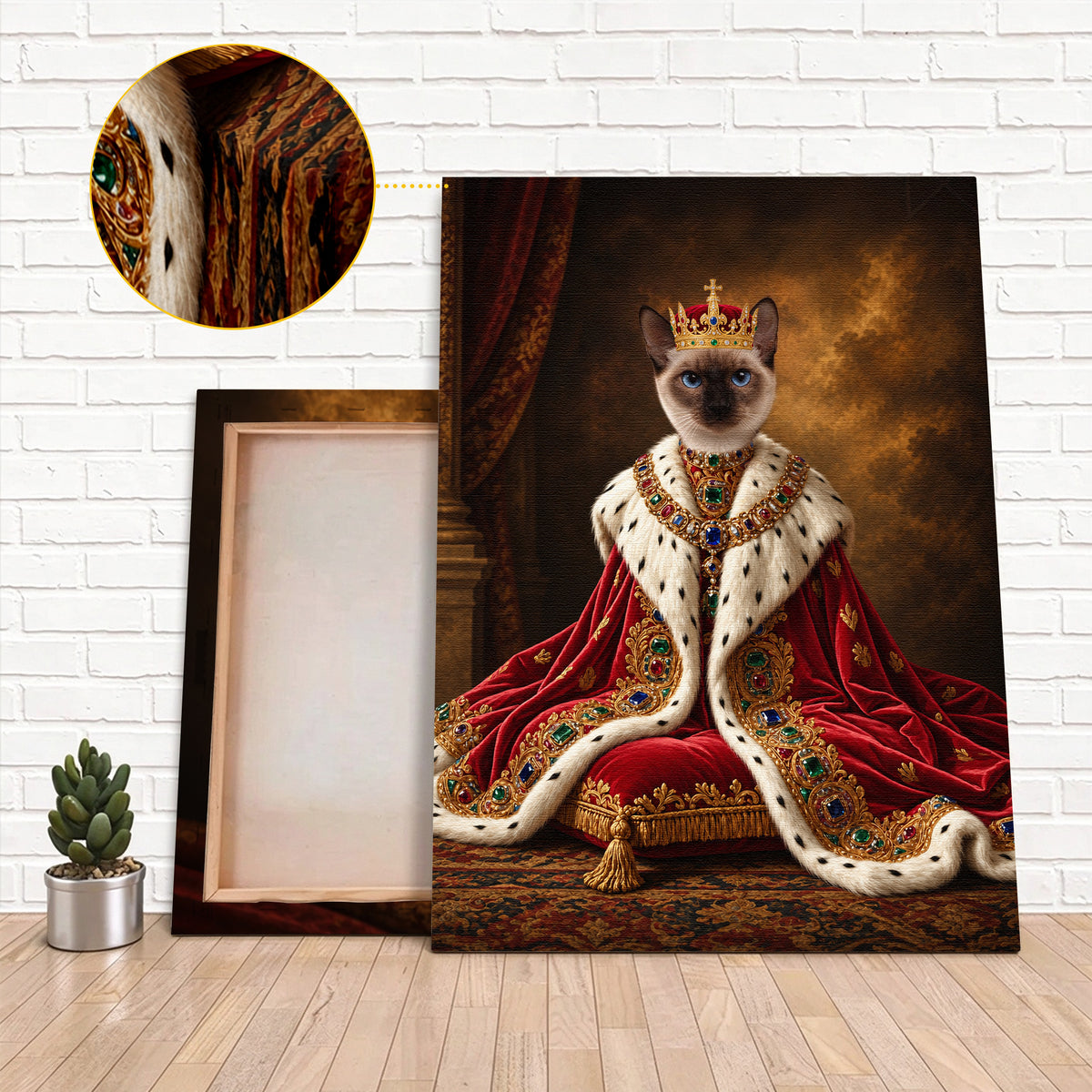 Custom Royal Monarch Cat Portrait Canvas, Personalized Pet Red Velvet Jeweled Coronation Robe Unframed Canvas Wall Art, Pet Owner Gift