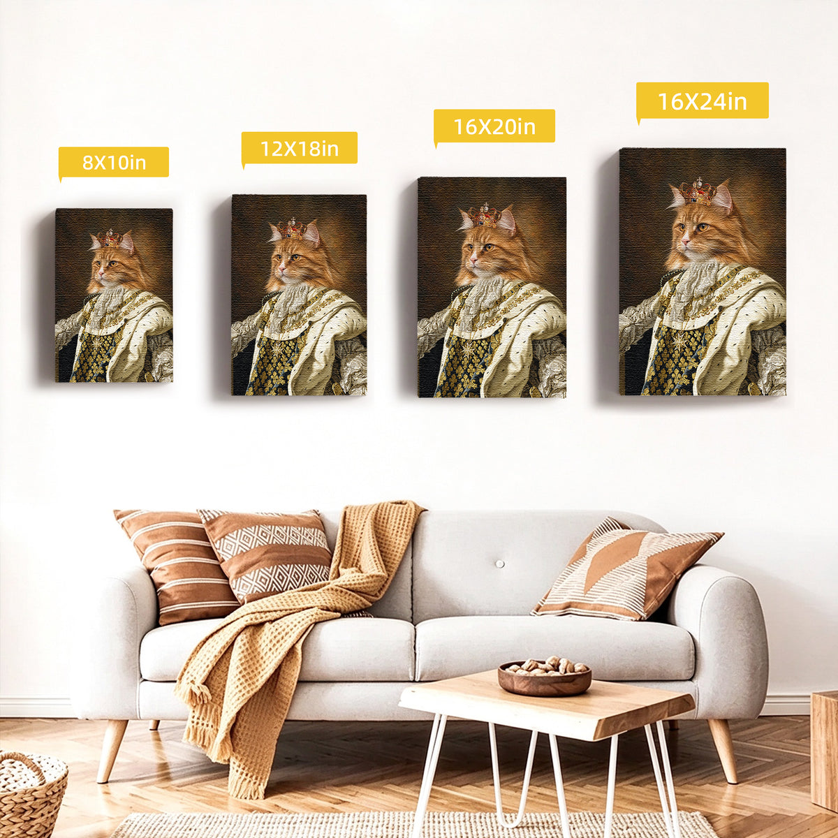 Custom Renaissance Monarch Cat Portrait Unframed Canvas Wall Art, Personalized Regal Pet Painting, Pet Owner Gift