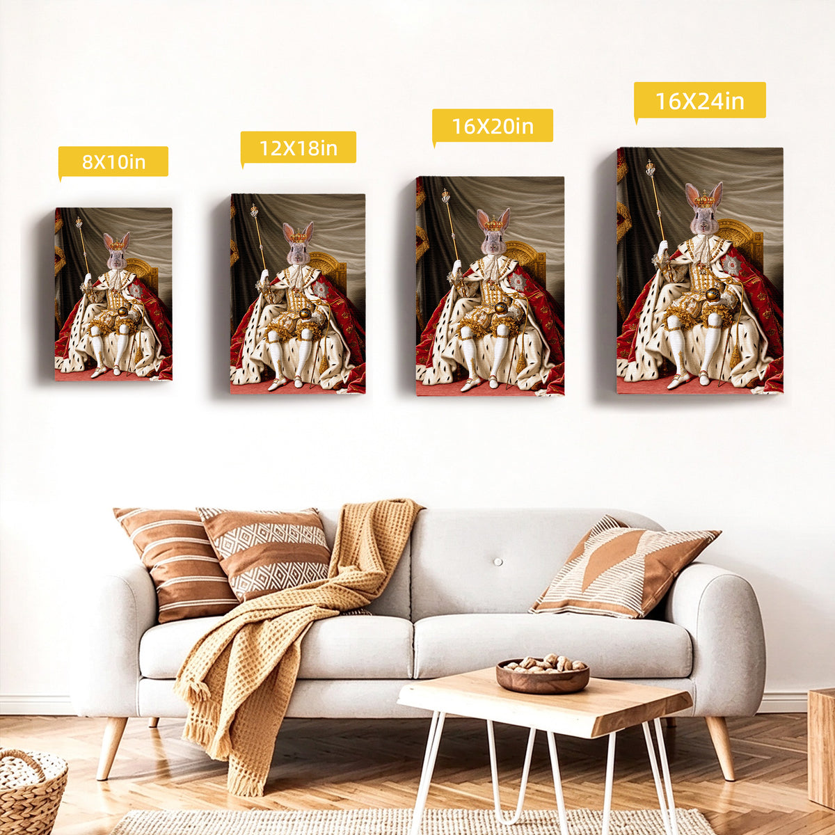 Custom Throne King Rabbit Portrait Unframed Canvas Wall Art, Personalized Vintage Royal Pet Painting, Pet Owner Gift