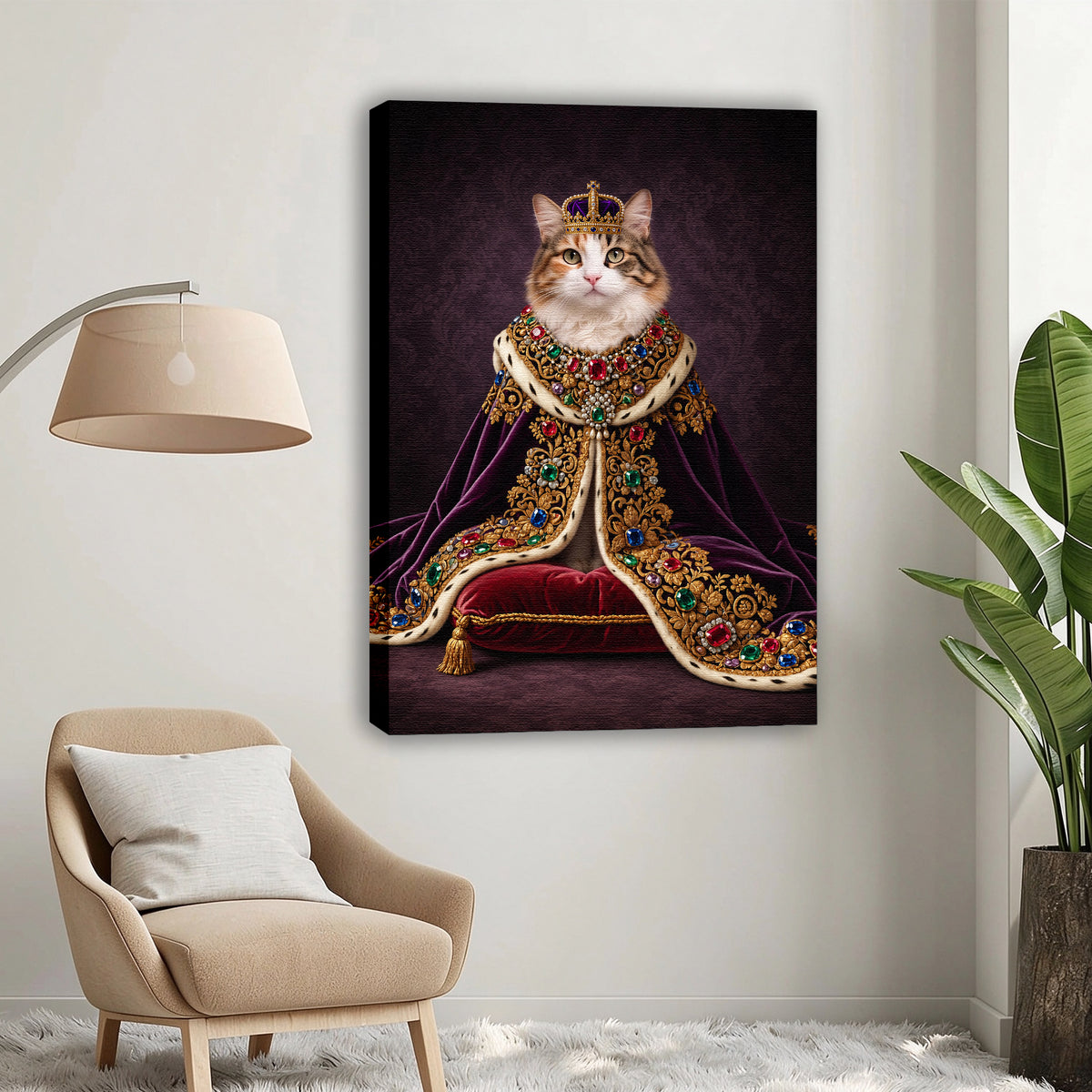 Custom Royal Queen Cat Portrait Canvas, Personalized Pet Purple Velvet Jeweled Cloak Unframed Canvas Wall Decor, Gift For Pet Lovers