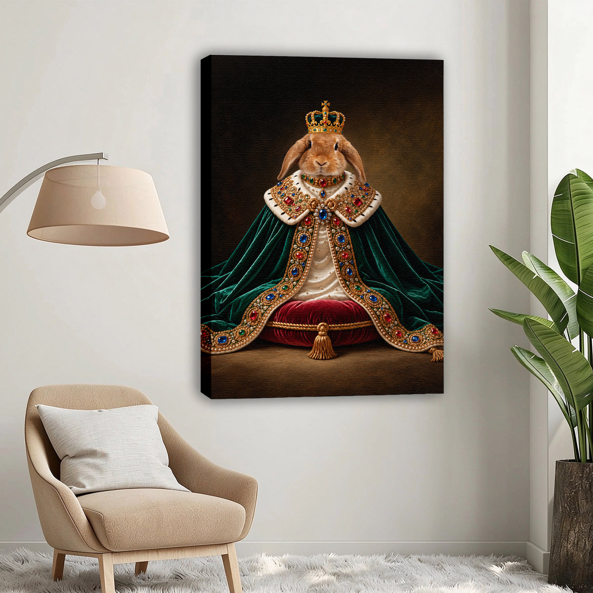 Custom Royal King Rabbit Portrait Canvas, Personalized Pet Green Velvet Jeweled Cape Unframed Canvas Wall Art