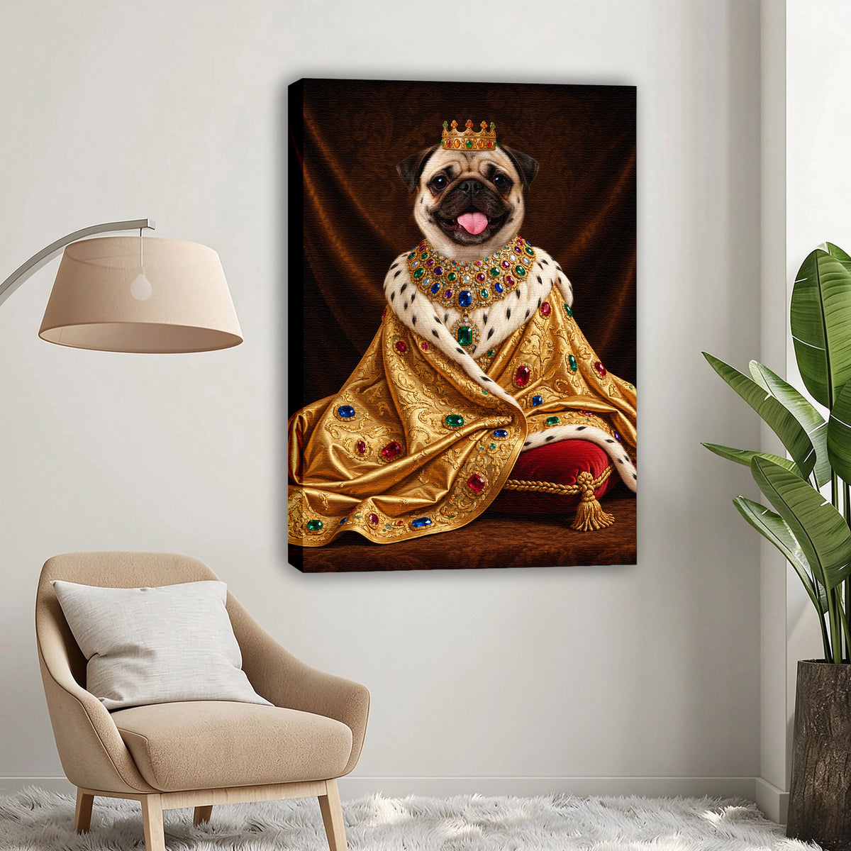 Custom Royal King Dog Portrait Canvas, Personalized Pet Golden Jeweled Coronation Robe Unframed Canvas Wall Decor