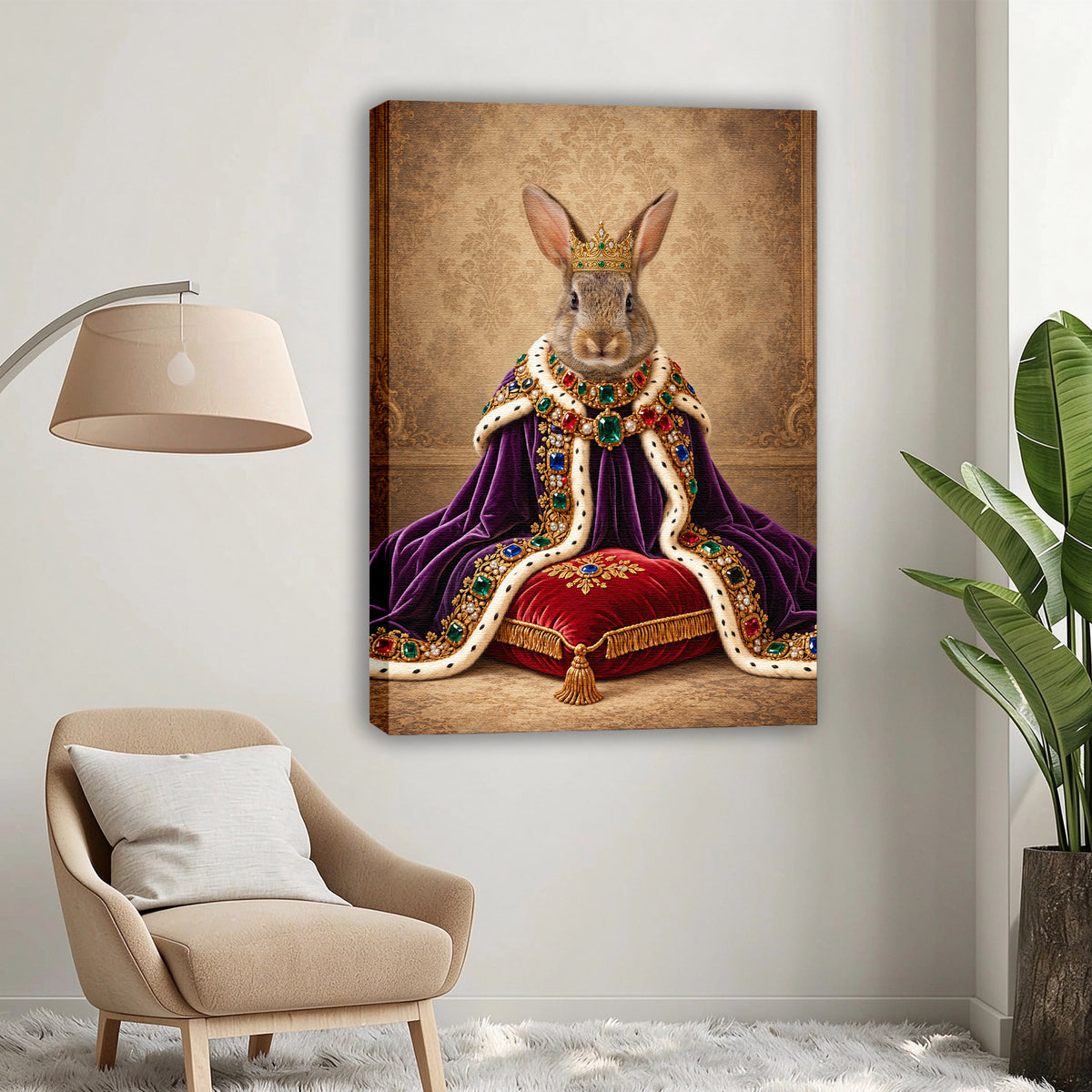 Custom Royal Queen Rabbit Portrait Canvas, Personalized Pet Purple Velvet Jeweled Coronation Cloak Unframed Canvas Wall Art