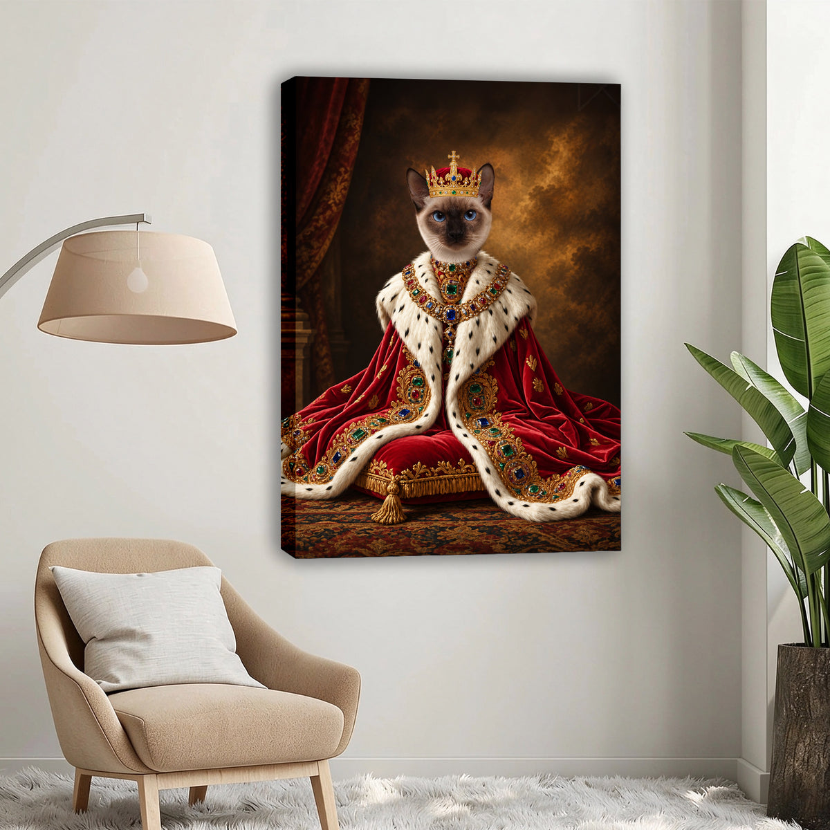 Custom Royal Monarch Cat Portrait Canvas, Personalized Pet Red Velvet Jeweled Coronation Robe Unframed Canvas Wall Art, Pet Owner Gift