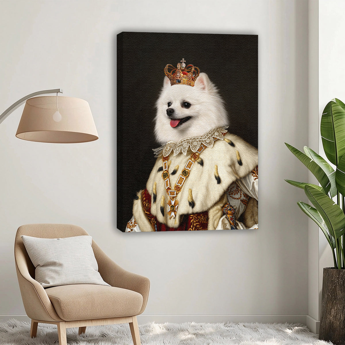 Custom Royal Queen Pet Portrait Canvas, Personalized Dog Noble Crown Fur Robe Unframed Canvas Wall Decor