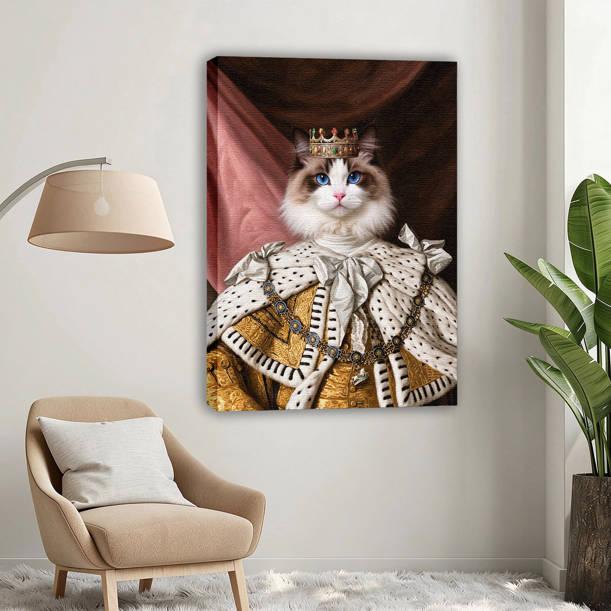 Custom Royal King Cat Portrait Canvas, Personalized Pet Renaissance Ermine Robe Unframed Canvas Wall Art