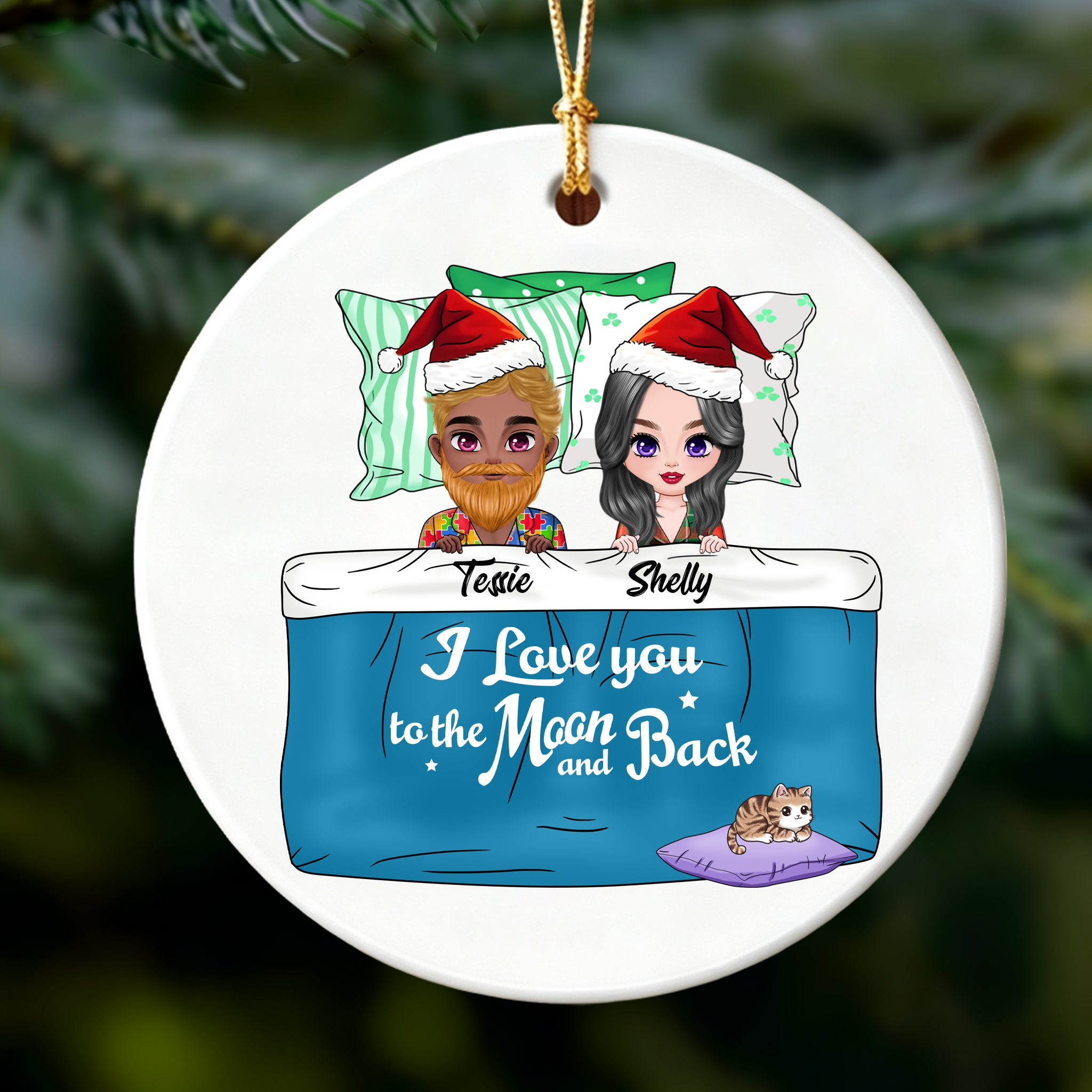Custom Couple in Bed Christmas Ornament - Personalized "I Love You to the Moon and Back" Gift for couple