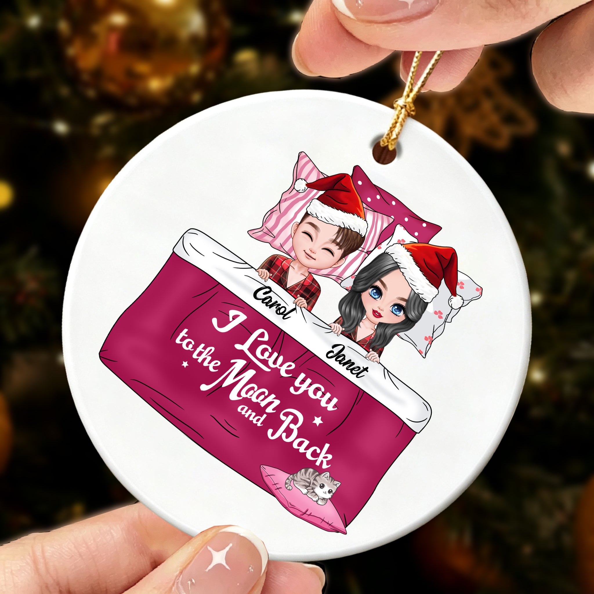 Custom Couple in Bed Christmas Ornament - Personalized "I Love You to the Moon and Back" Gift for couple
