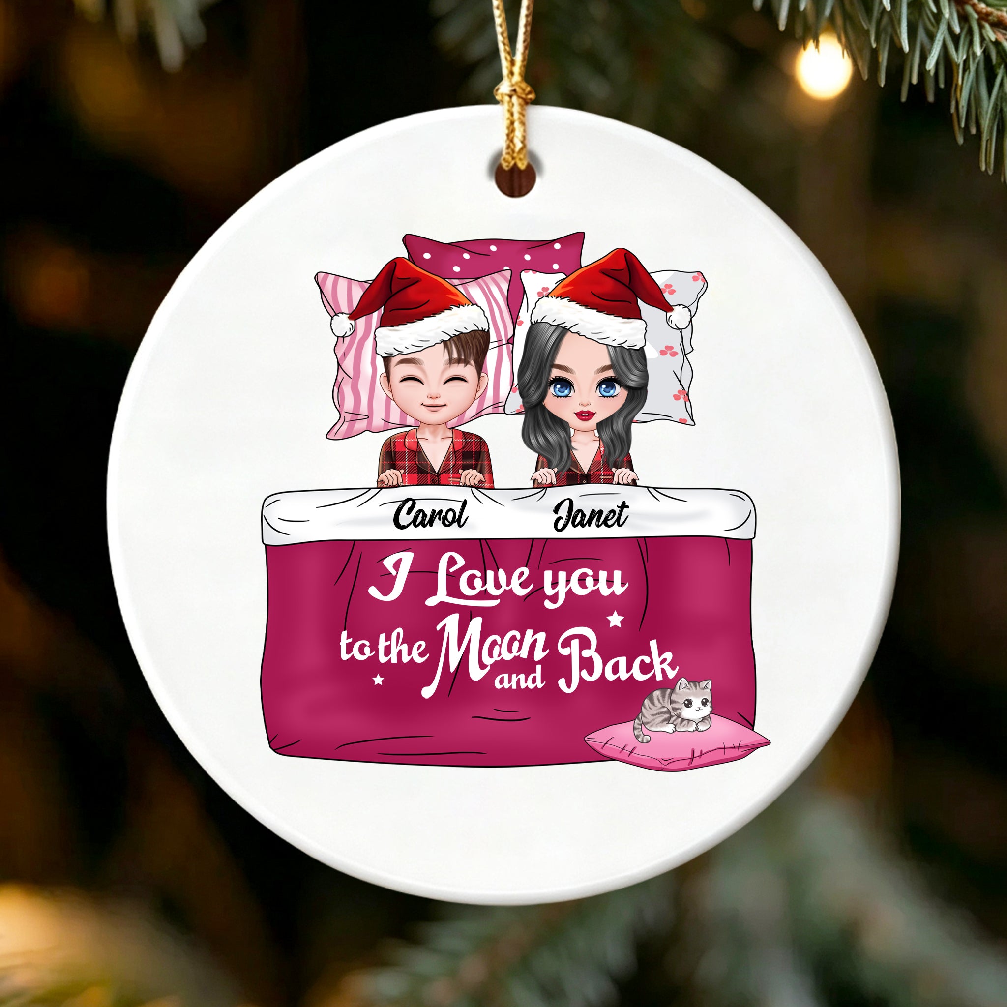Custom Couple in Bed Christmas Ornament - Personalized "I Love You to the Moon and Back" Gift for couple