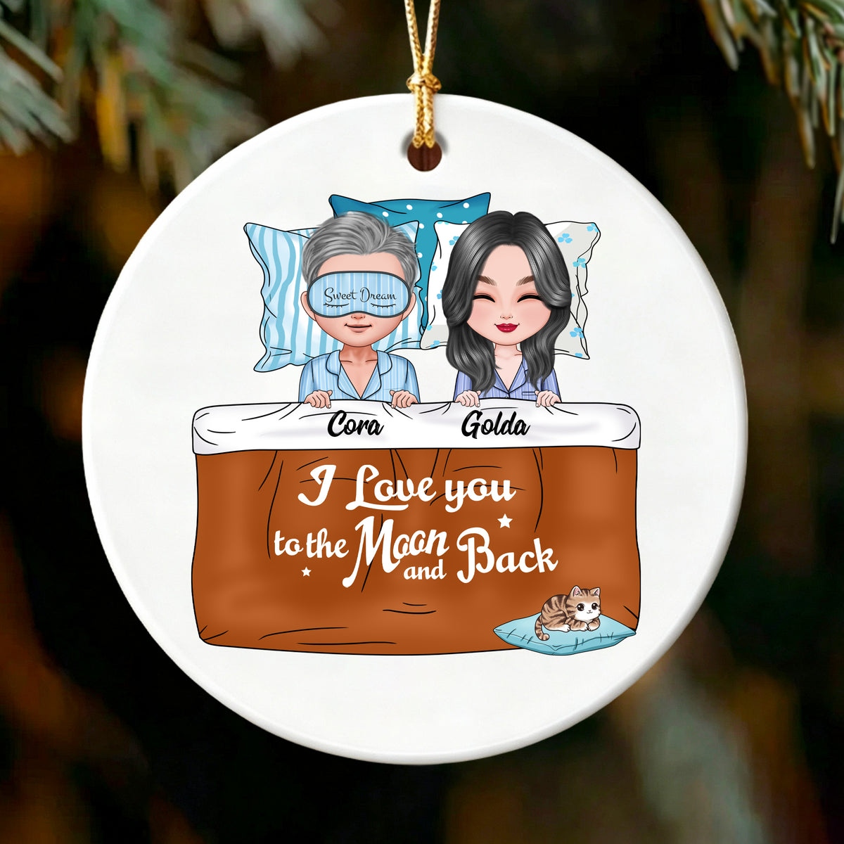 Custom Couple in Bed Christmas Ornament - Personalized "I Love You to the Moon and Back" Gift for couple