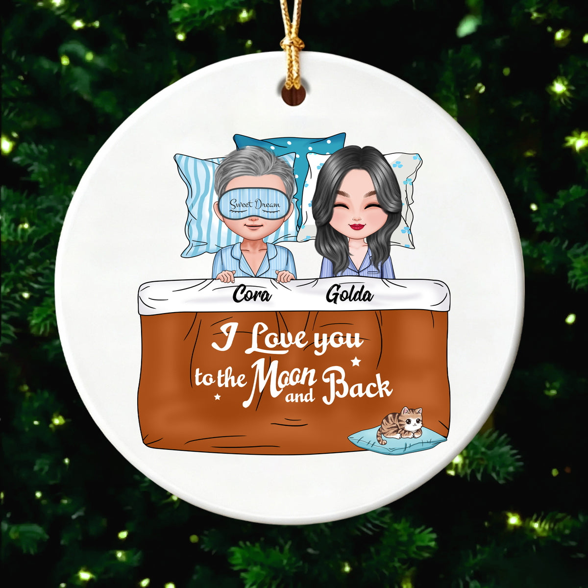 Custom Couple in Bed Christmas Ornament - Personalized "I Love You to the Moon and Back" Gift for couple