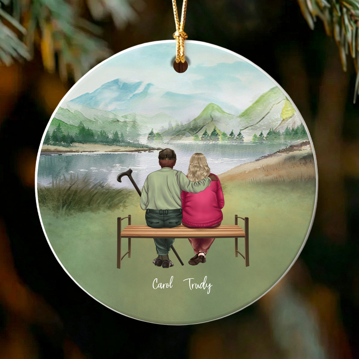 Personalized Elderly Couple on Bench Ornament - Christmas Gift for Grandparents and Parents