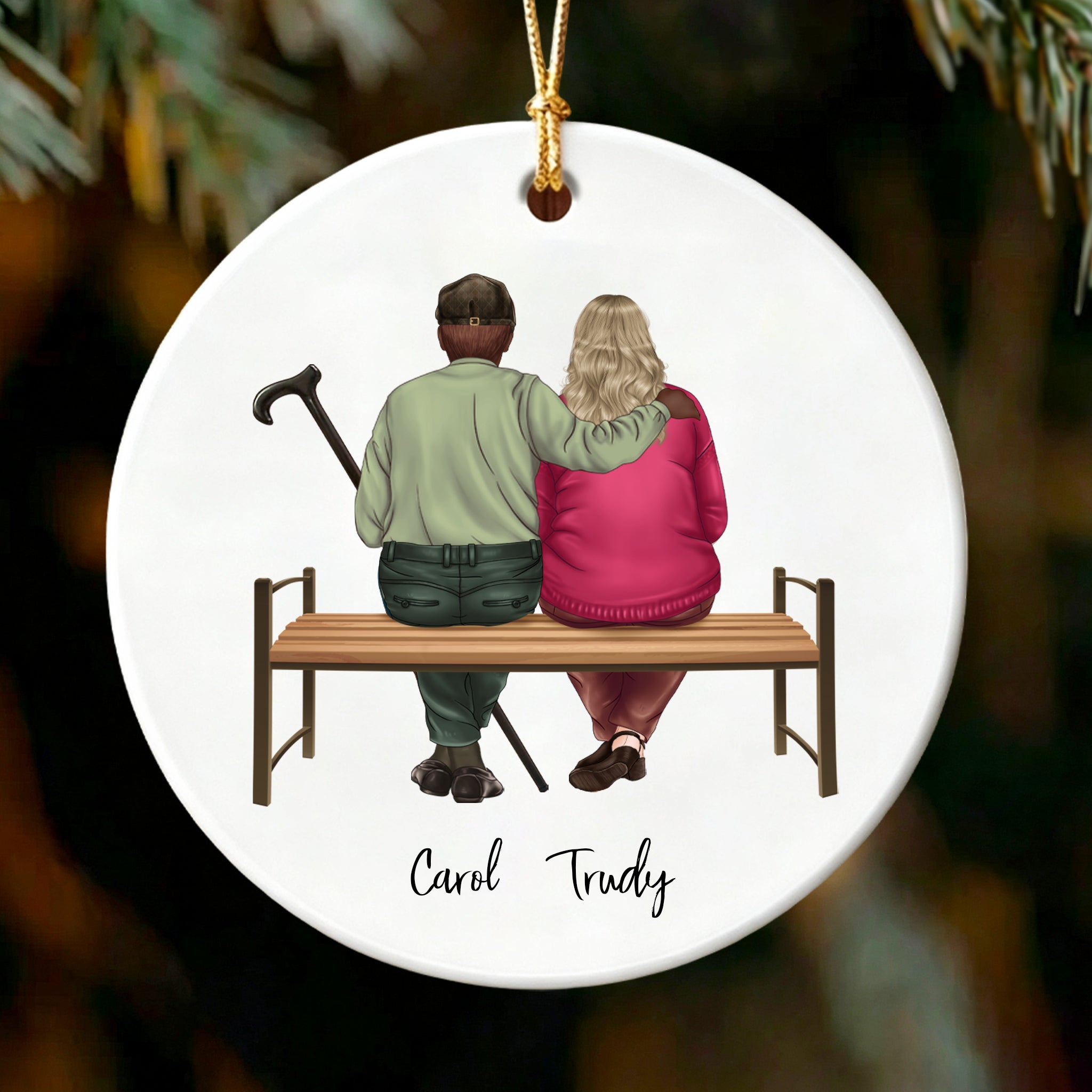 Personalized Elderly Couple on Bench Ornament - Christmas Gift for Grandparents, Parents Anniversary Keepsake