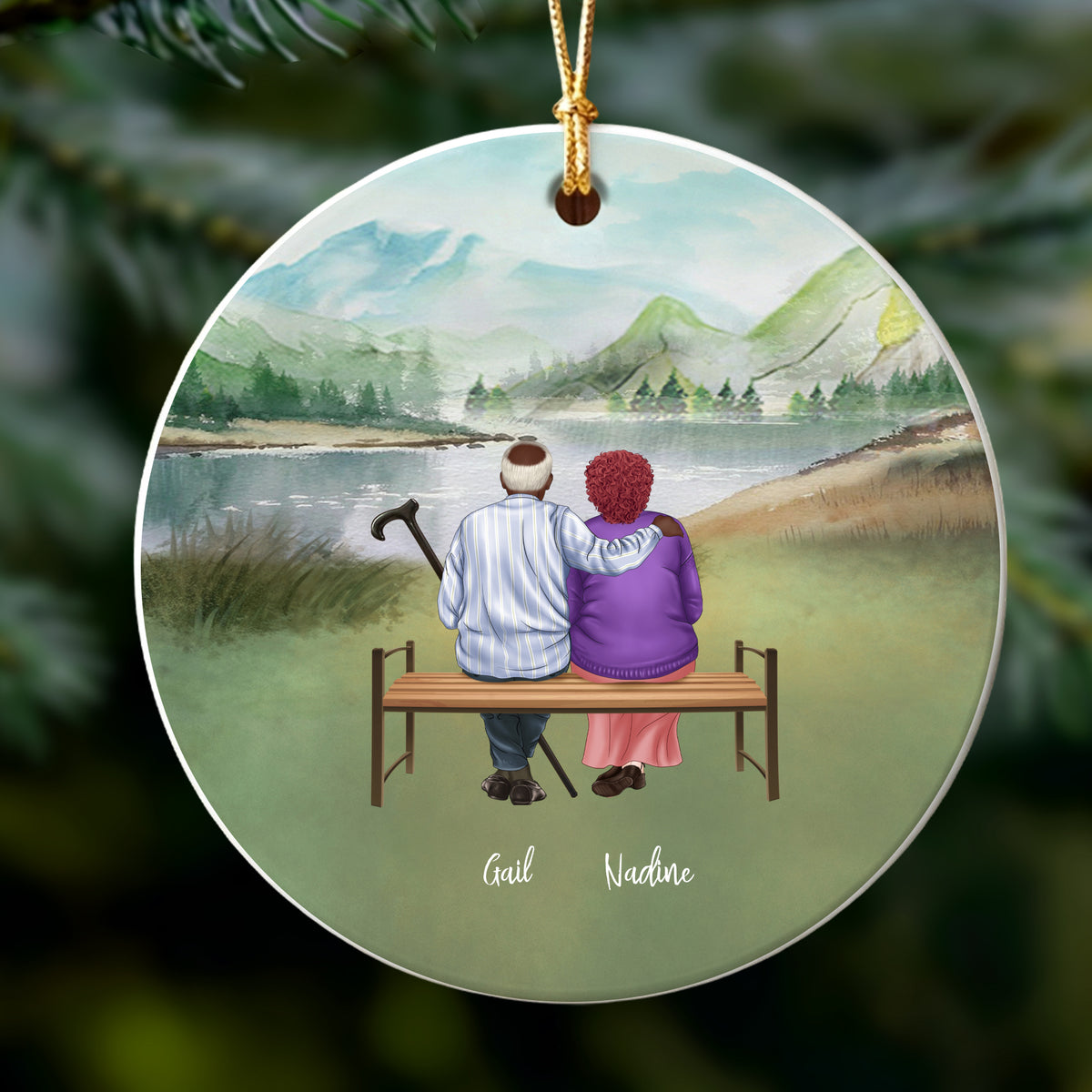 Personalized Elderly Couple on Bench Ornament - Christmas Gift for Grandparents and Parents