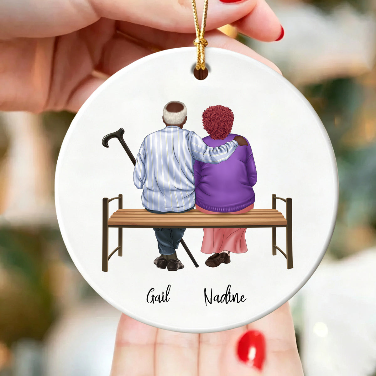 Personalized Elderly Couple on Bench Ornament - Christmas Gift for Grandparents, Parents Anniversary Keepsake