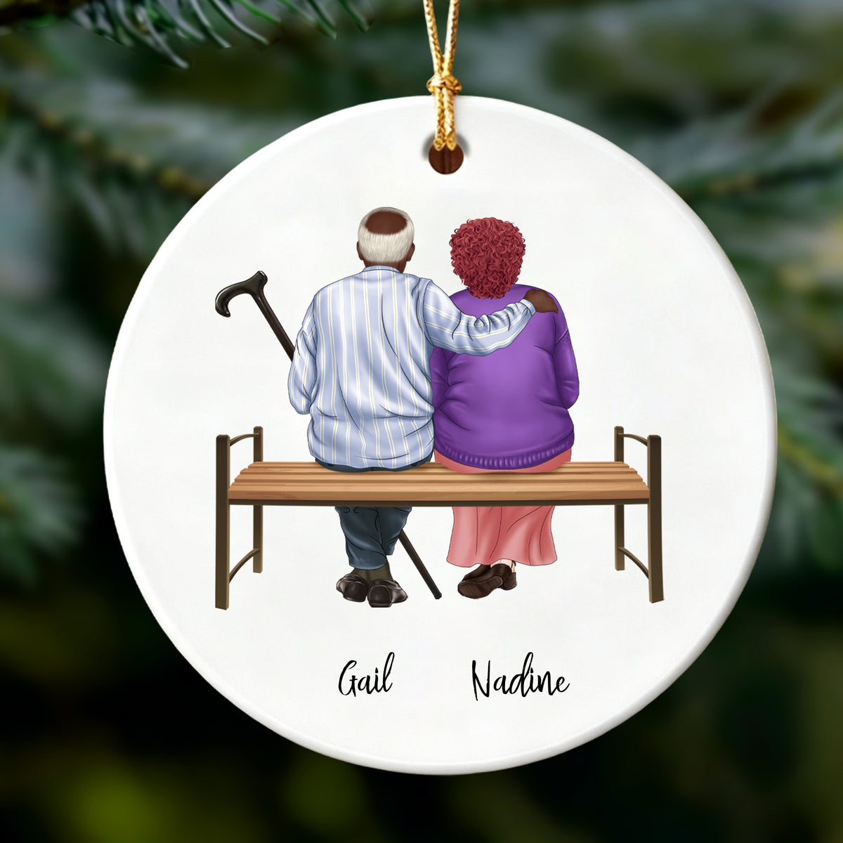 Personalized Elderly Couple on Bench Ornament - Christmas Gift for Grandparents, Parents Anniversary Keepsake