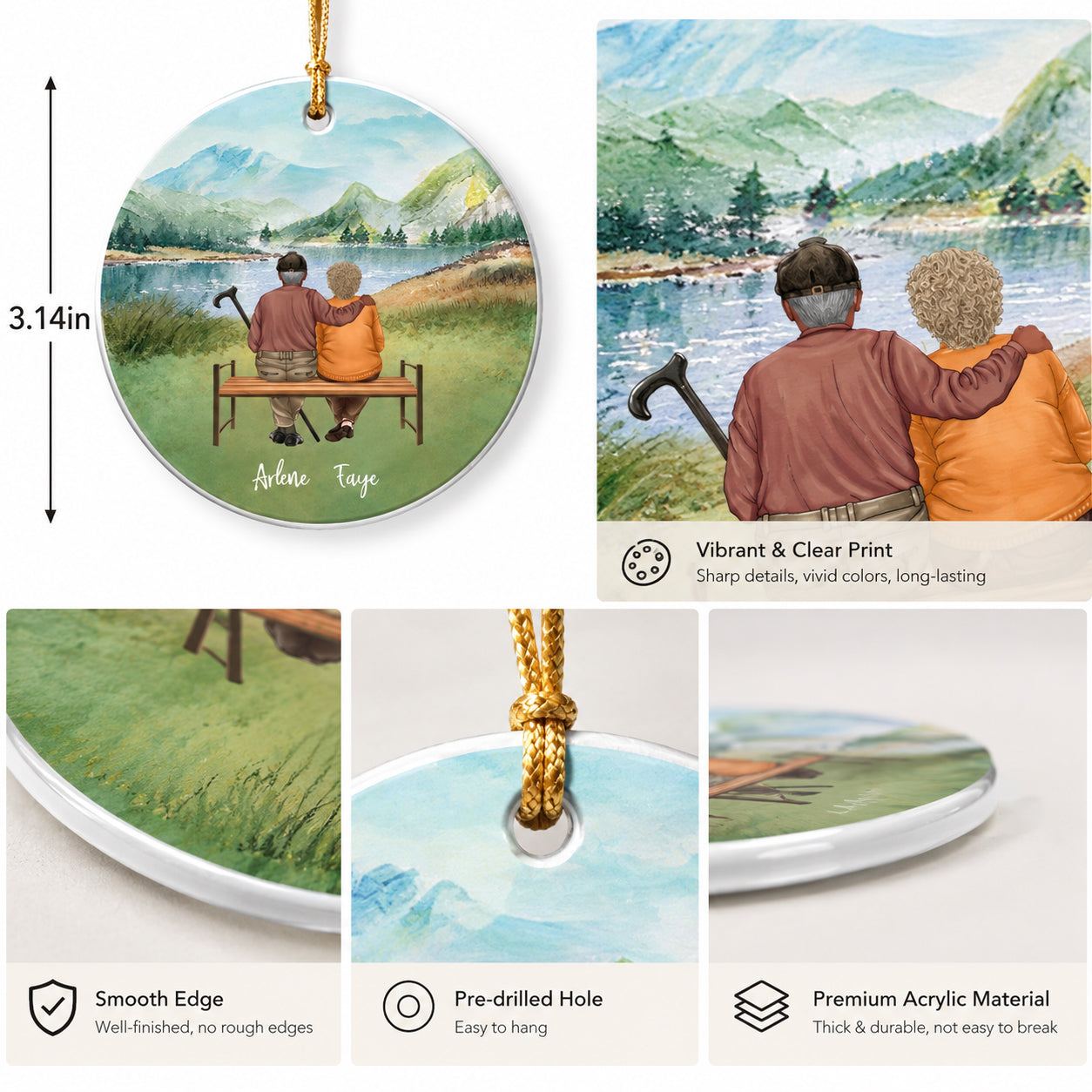 Personalized Elderly Couple on Bench Ornament - Christmas Gift for Grandparents and Parents