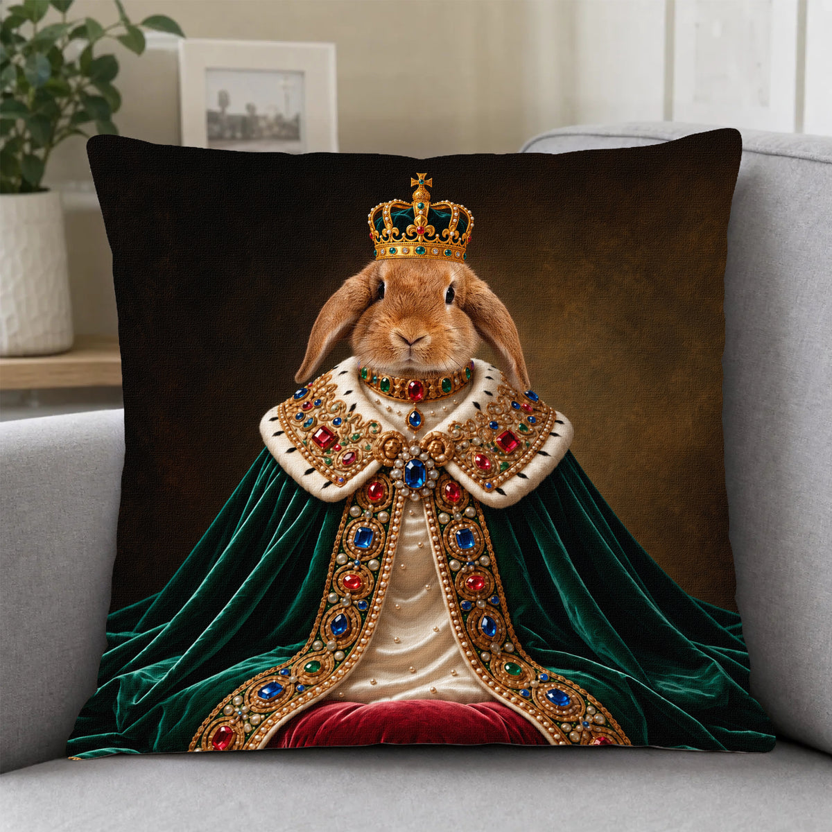 Personalized Royal Rabbit Portrait Pillow Cover-Custom Pet Photo Cushion