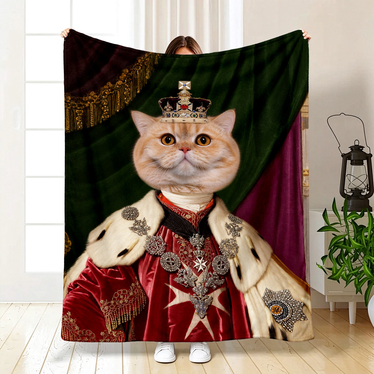 Personalized Renaissance Pet Portrait Blanket - Custom the Royal Coronation Cat Blanket