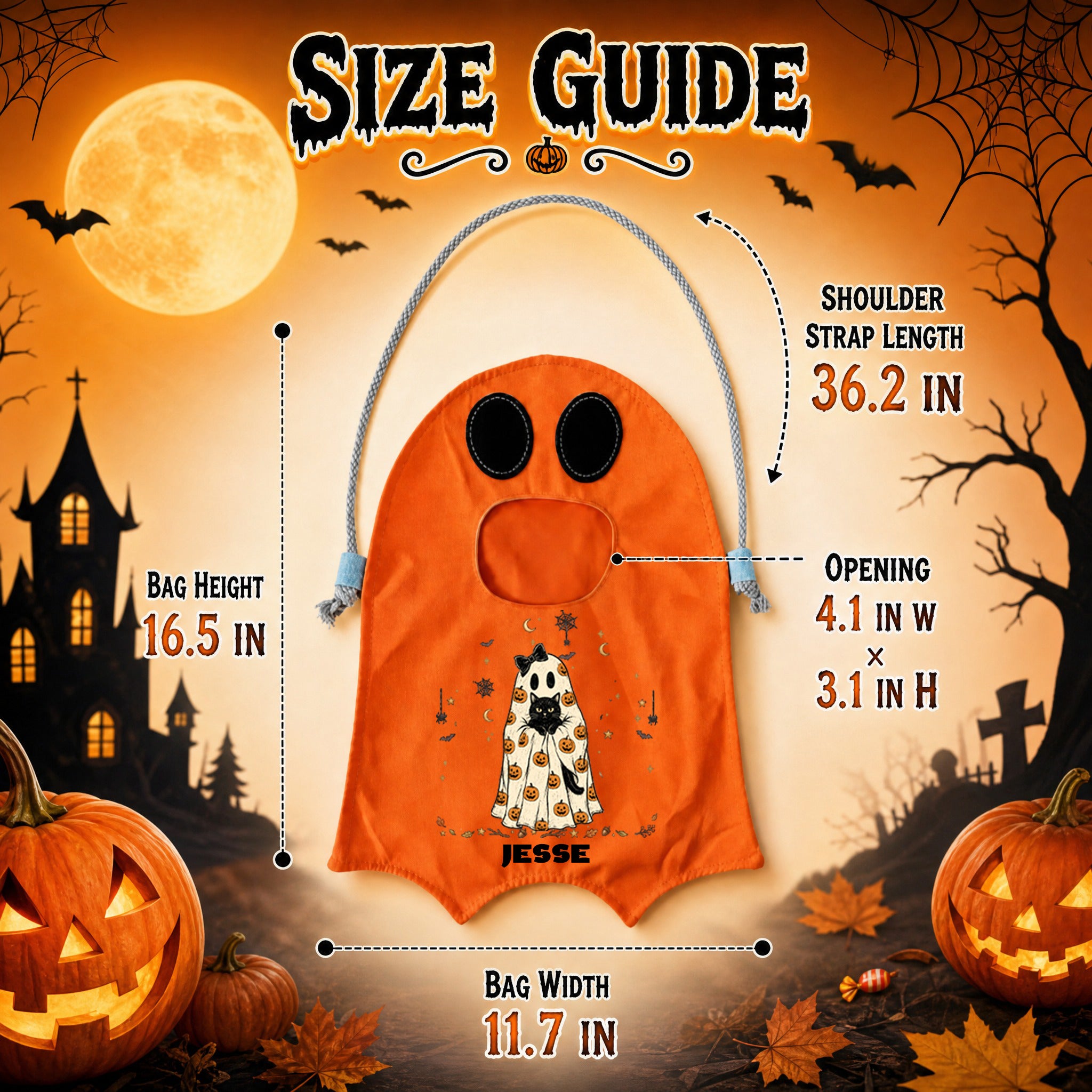 Custom Name Halloween Candy Bag —Personalized Halloween Ghost Canvas Tote Bag for Kids